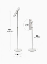 Medidas do Stellar PRO: altura de 85 cm a 165 cm, braço com rotação até 180 graus e base de 24 cm